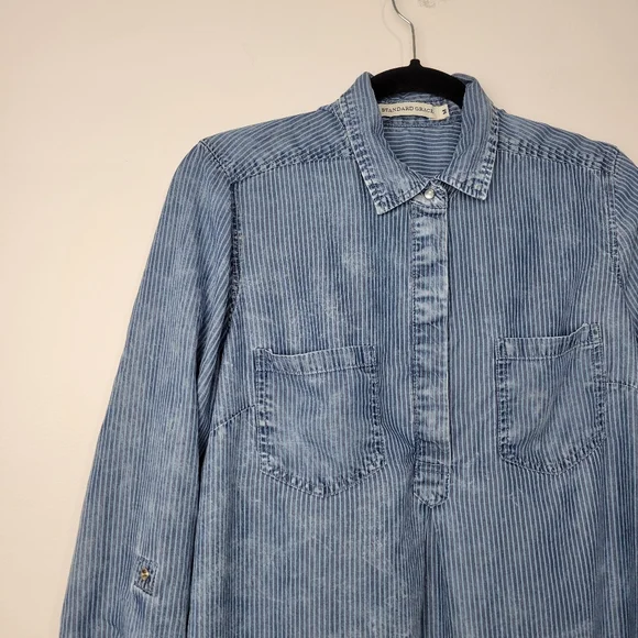 STANDARD GRACE WOMEN'S 3/4 SNAP UP LONG SLEEVE CHAMBRAY STONE WASH TOP SIZE M - Picture 3 of 11